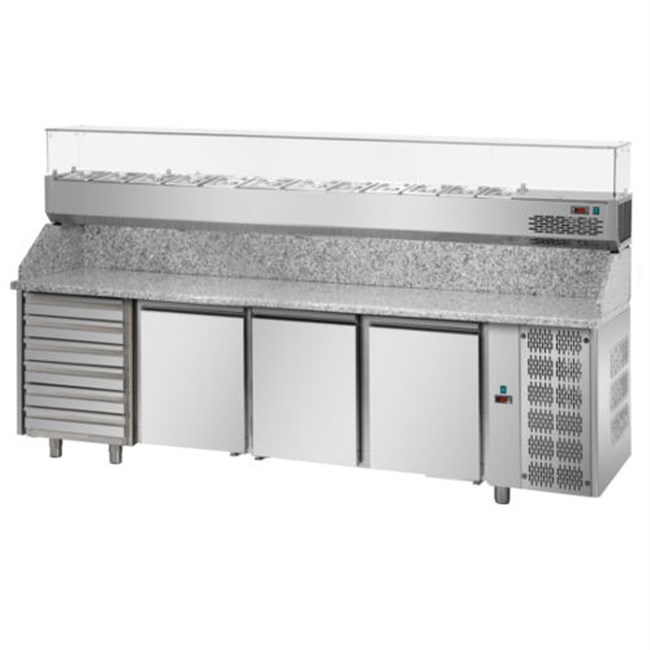 Banco pizza P 800, 3 porte,6 cassetti + vetrina 12xgn1/4 M