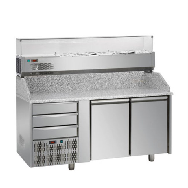 Banco pizza refrigerato, 2 porte,Tre cassetti, vetrina refrigerata 7XGN1/4 motore a sinistra E