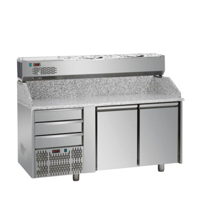 Banco pizza refrigerato,3 cassetti,2 porte, vetrina ref. 6xGN 1/3 senza vetri motore a sinistra E