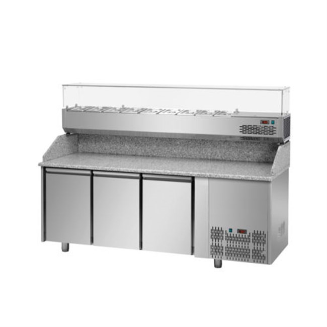 Banco refrigerato per pizza GN1/1 con tre porte, piano in Granito + vetrina refrigerata 9xgn1/4 E