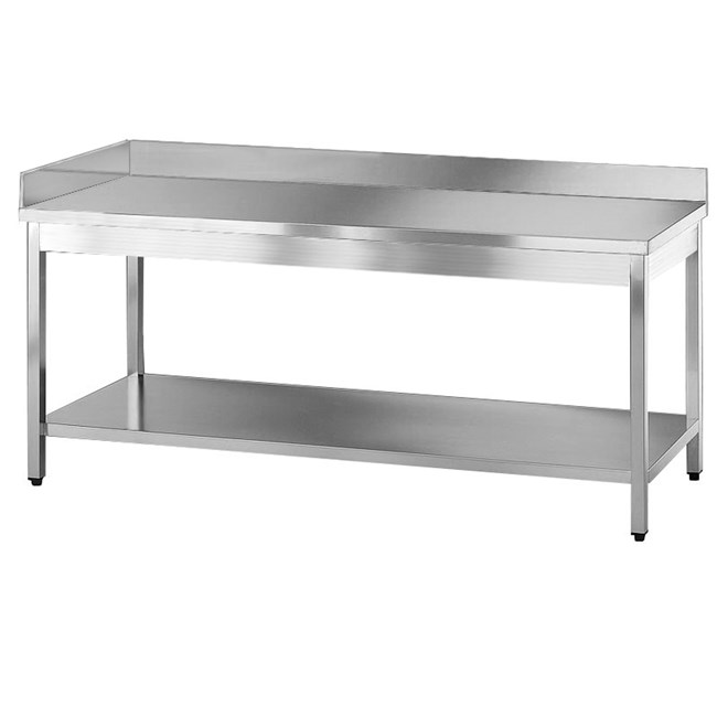 Tavolo inox con ripiano e alzatina posteriore e laterale Sx