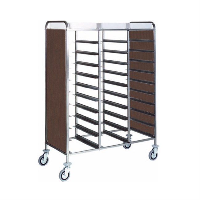 Carrello portavassoi inox 30 vassoi pannelli wengè 110x62x175h