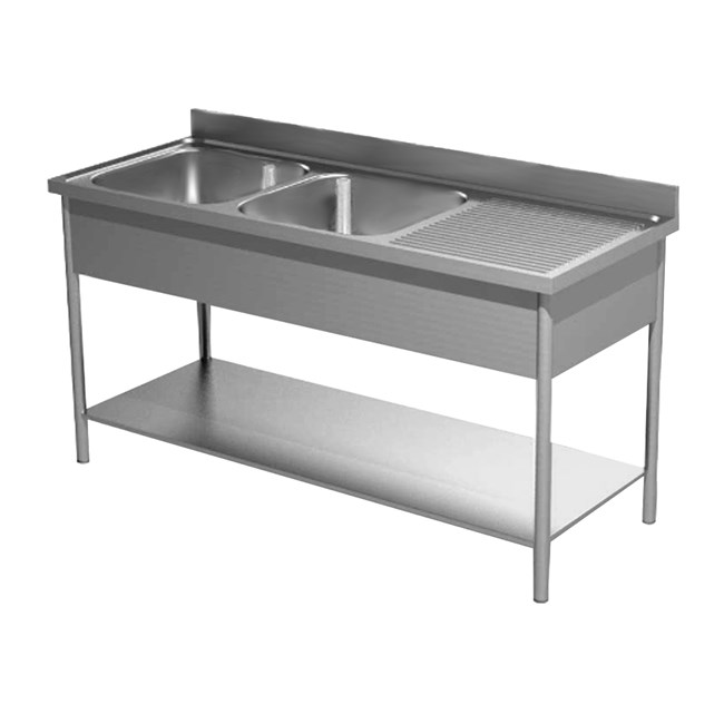 Lavatoio inox gambe tonde con ripiano due vasche e gocciolatoio dx