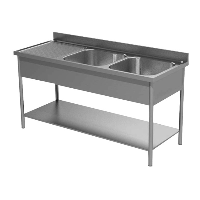 Lavatoio inox gambe tonde con ripiano due vasche e gocciolatoio sx