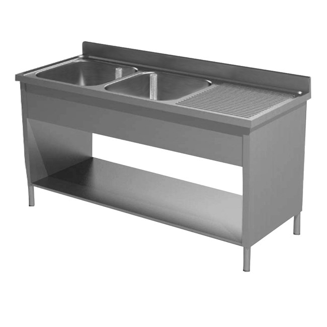 Lavatoio inox su fianchi con ripiano due vasche e gocciolatoio dx