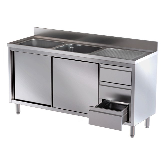 Lavello armadiato inox due vasche, gocciolatoio e cassettiera Dx