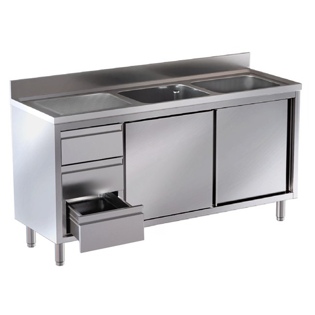 Lavello armadiato inox due vasche, gocciolatoio e cassettiera Sx