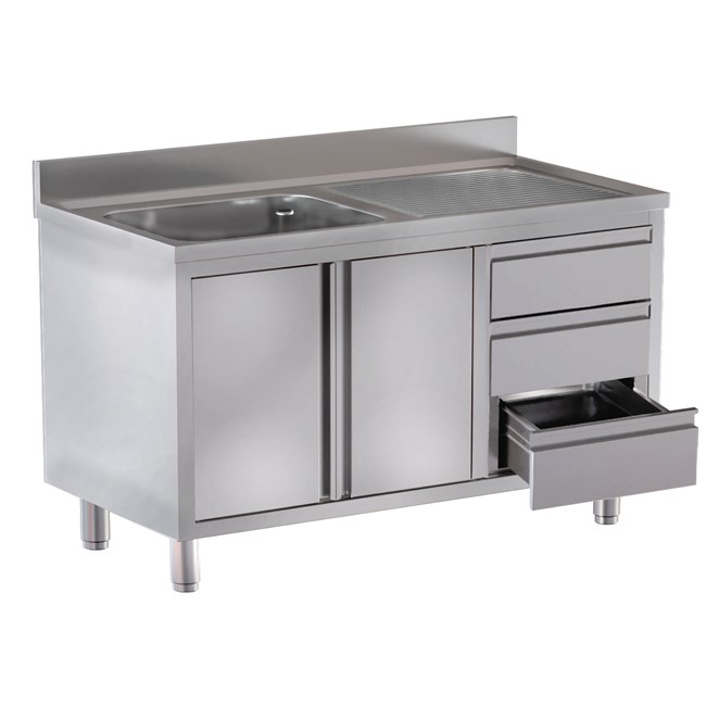 Lavatoio inox armadiato ante battenti 1 vasca, gocciolatoio e cassettiera Dx