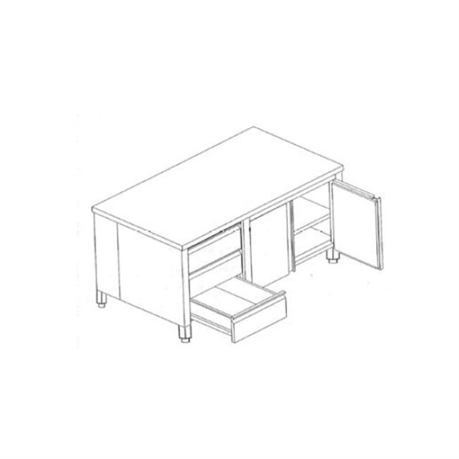 Tavolo Inox Armadiato con ante battenti e 3 cassetti a sinistra.