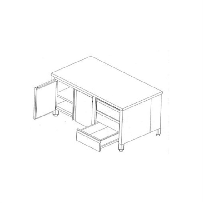 Tavolo Inox Armadiato con ante battenti e 3 cassetti a destra.