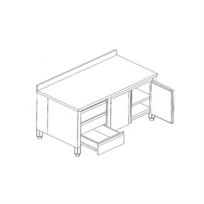Tavolo Inox Armadiato con ante battenti, alzatina e 3 cassetti a sinistra.