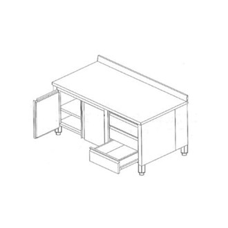 Tavolo Inox Armadiato con ante battenti, alzatina e 3 cassetti a destra.