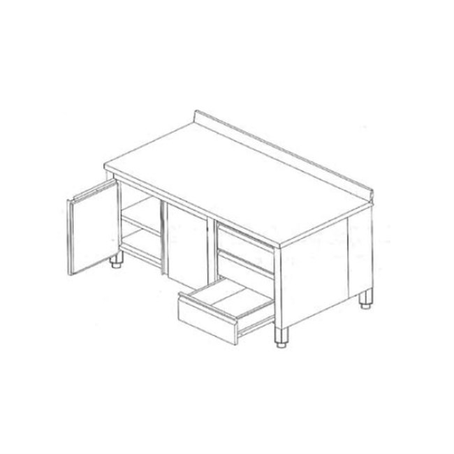Tavolo Inox Armadiato con ante battenti, alzatina e 3 cassetti a destra.