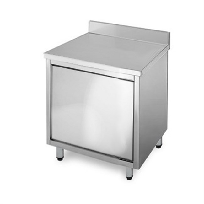 Tavolo Inox Armadiato con ante battenti e alzatina.