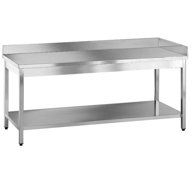 Tavolo inox con ripiano e alzatina posteriore e laterale Dx