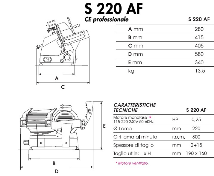 AFFETTATRICE PROFESSIONALE in ALLUMINIO ANODIZZATO a GRAVITA' - mod. S 220  FR CEP LINEA TOP